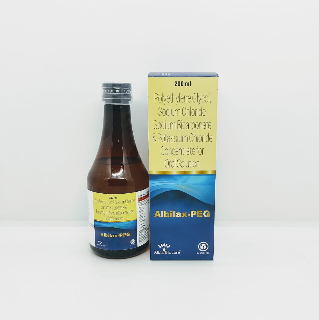 Albilax-PEG Syp. | Polyethylene Glycol 3350 (PEG 3350) 13.125 gm + Sodium Chloride IP 0.3507 gm + Sodium Bicarbonate IP 0.1785 gm + Potassium Chloride IP 0.0466 gm (Concentrate for Oral Solution)